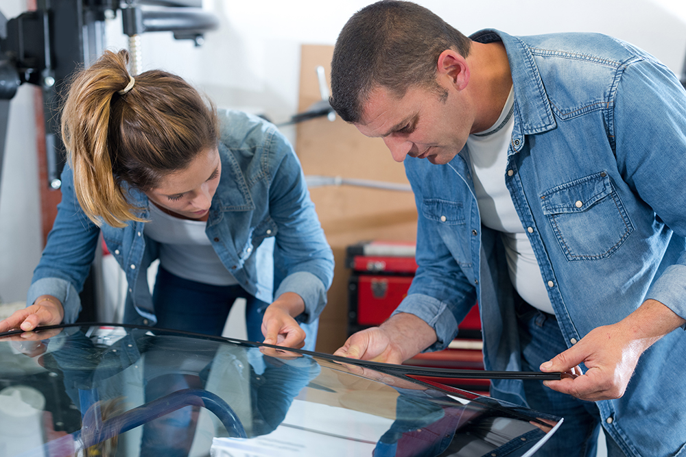 workers replacing a car windshield