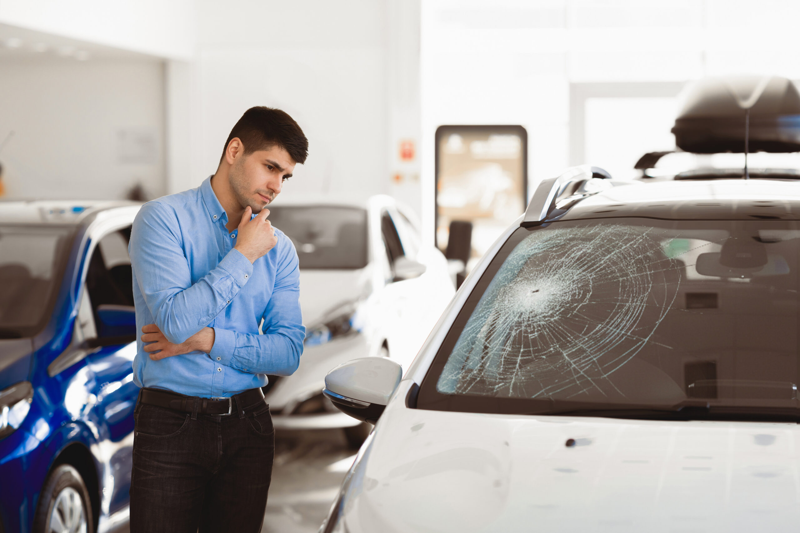 Man Looking At Auto Standing In Dealership Showroom